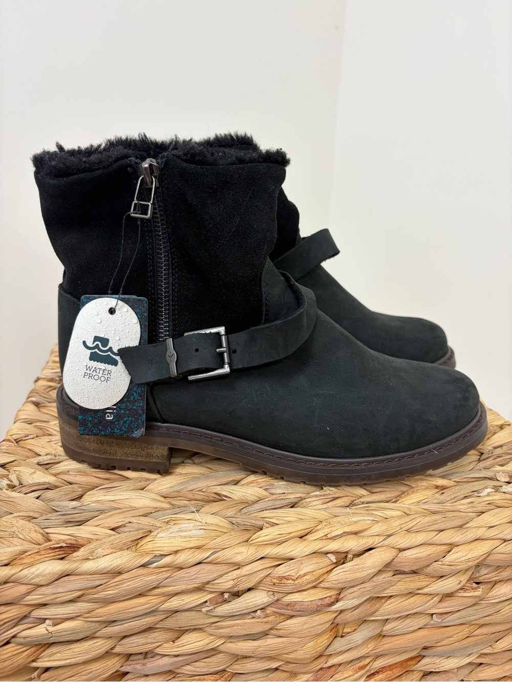 Emu Black Waterproof Faux-Fur Ankle Boots with Buckle Strap